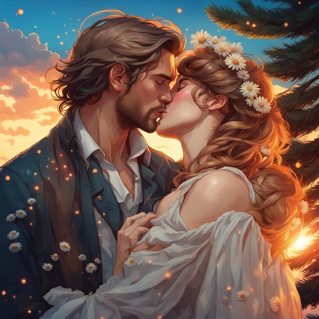 Lovers' Kiss with Sunset and Daisies: Detailed Portrait