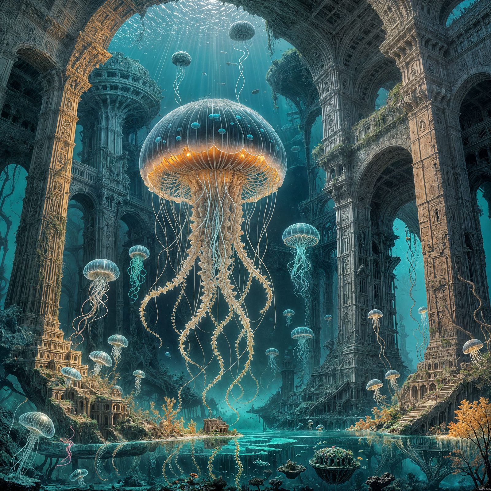 Bioluminescent Jellyfish in Sunken City, Surreal Art Deco