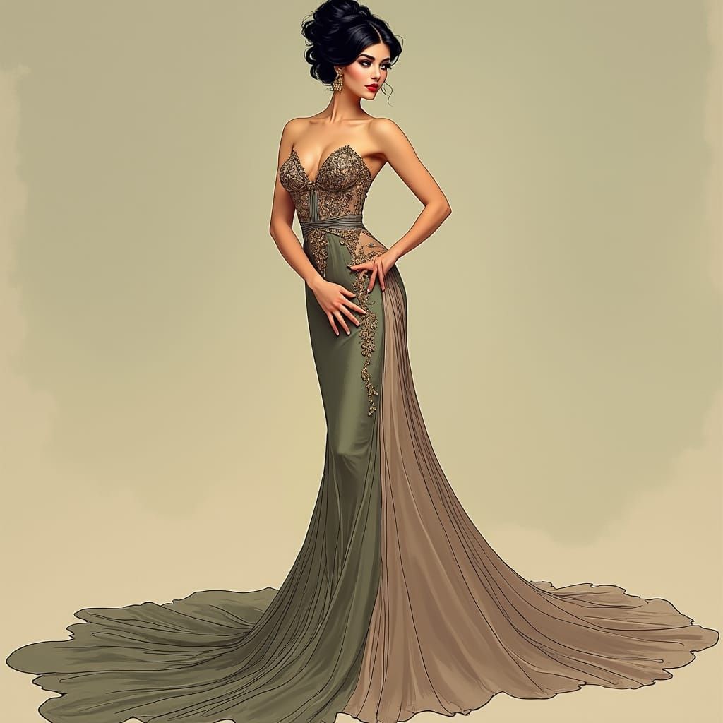 Elegant Woman in Gown: Art Nouveau Fashion Illustration