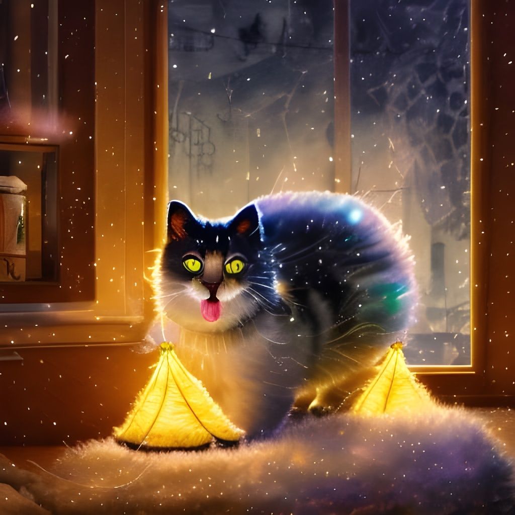 Fluffy Cat Plays with Toys in Solarpunk Winter Home