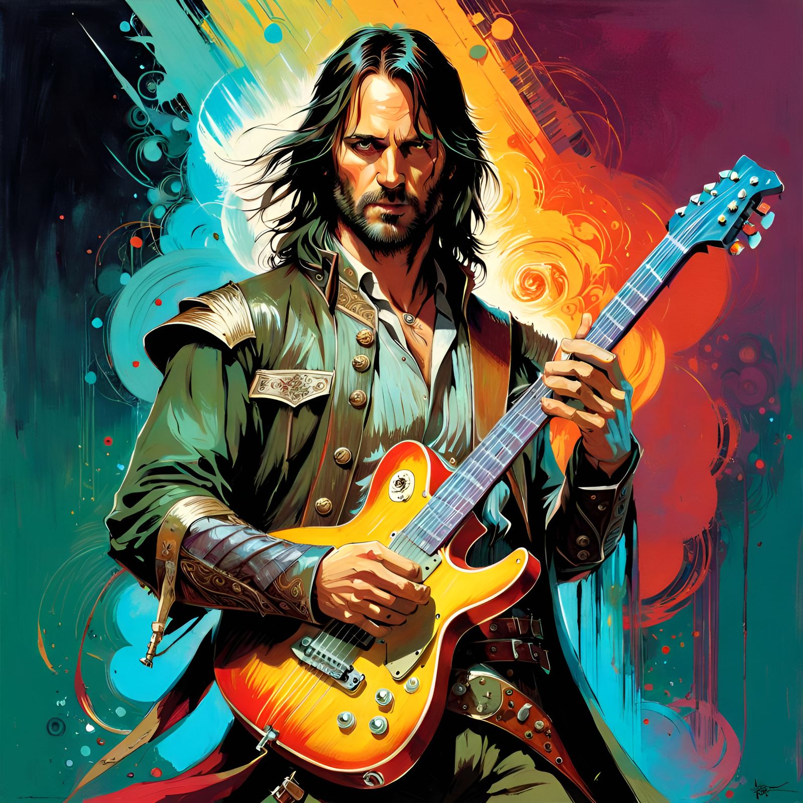 Aragorn Shreds: Electric Guitar Hero in Pixar Style