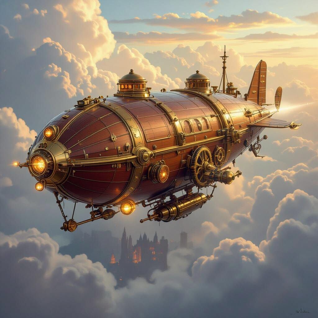 Steampunk Airship Soaring Above Victorian Cityscape