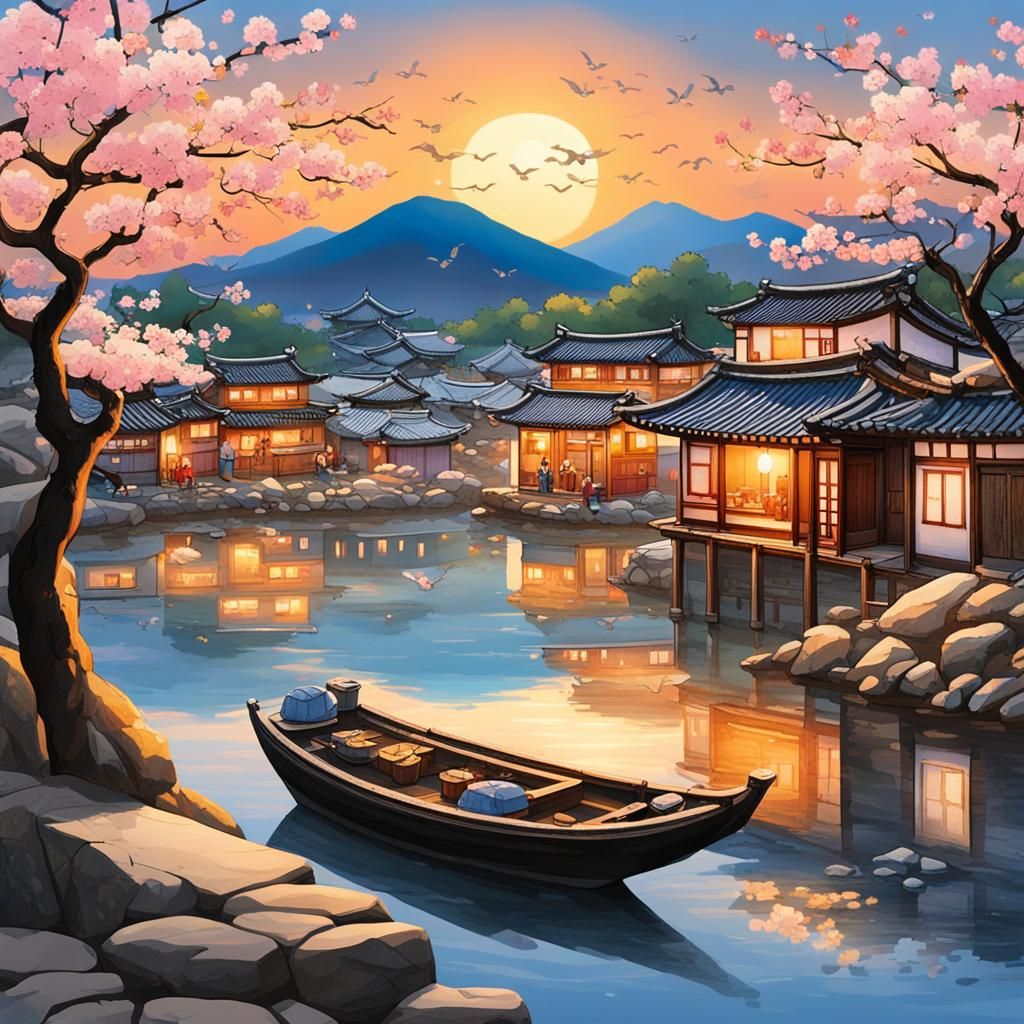 Miniature Korean Village Inside Stone at Sunset