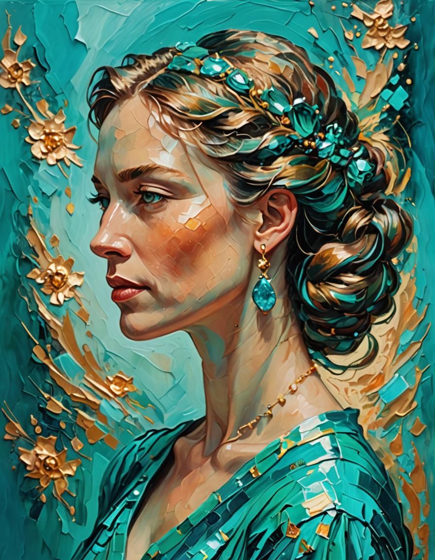 Woman in Turquoise Dress: Impasto Oil Painting