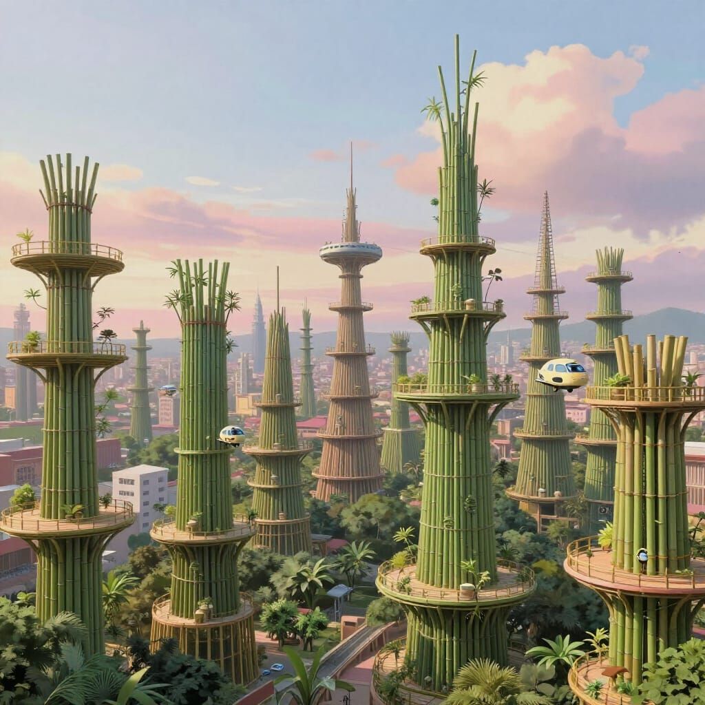 Bamboo Cityscape in Pastel Sky