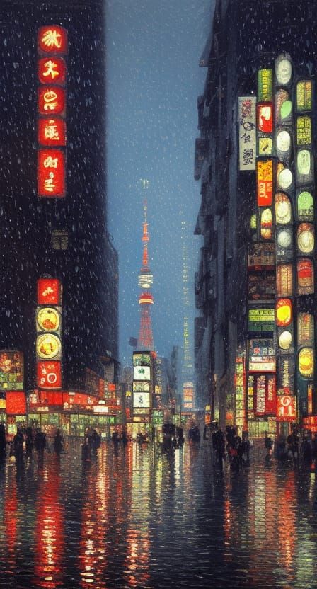 Tokyo Night Lights in the Style of Impressionism