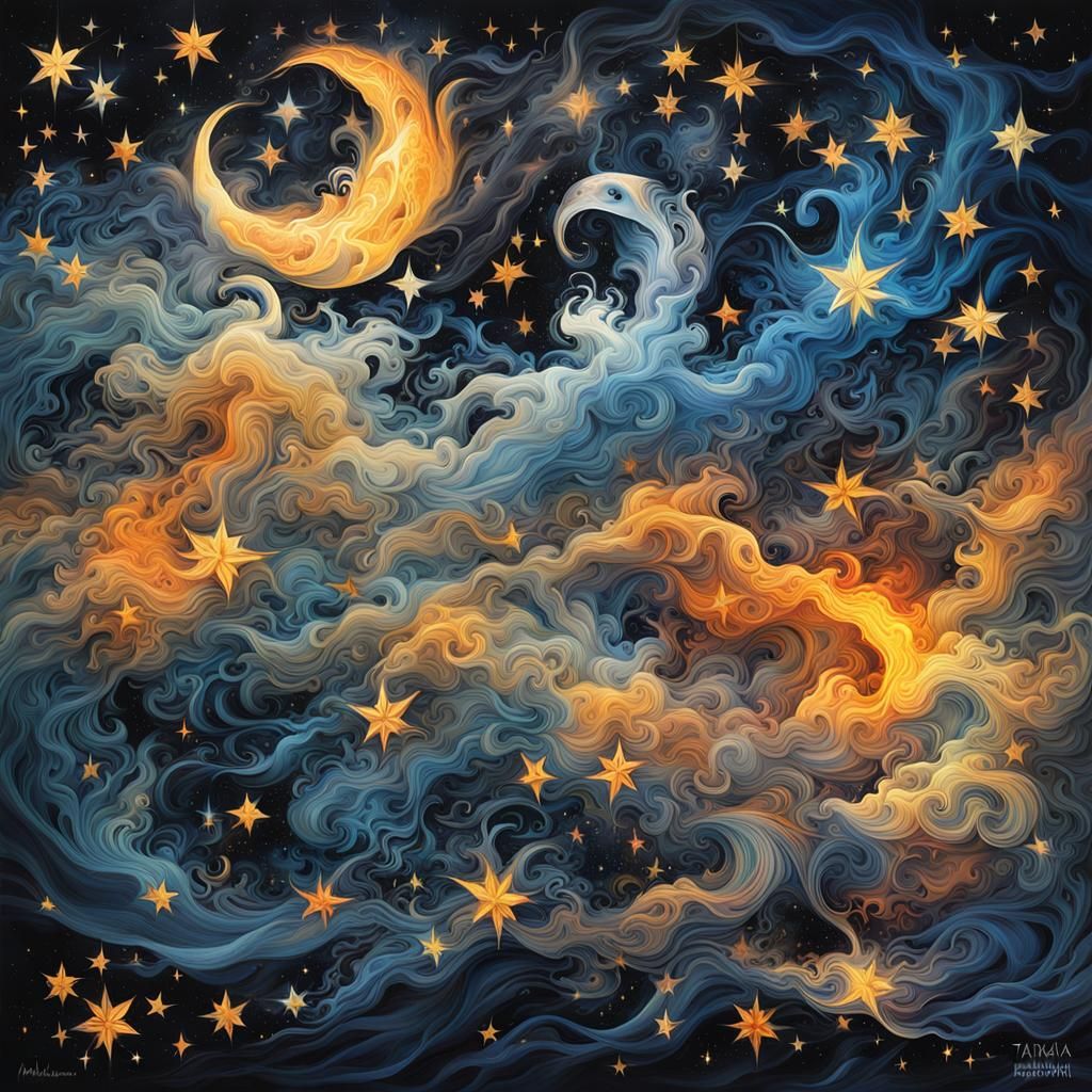Intertwined Souls in Starry Night Smoke Art