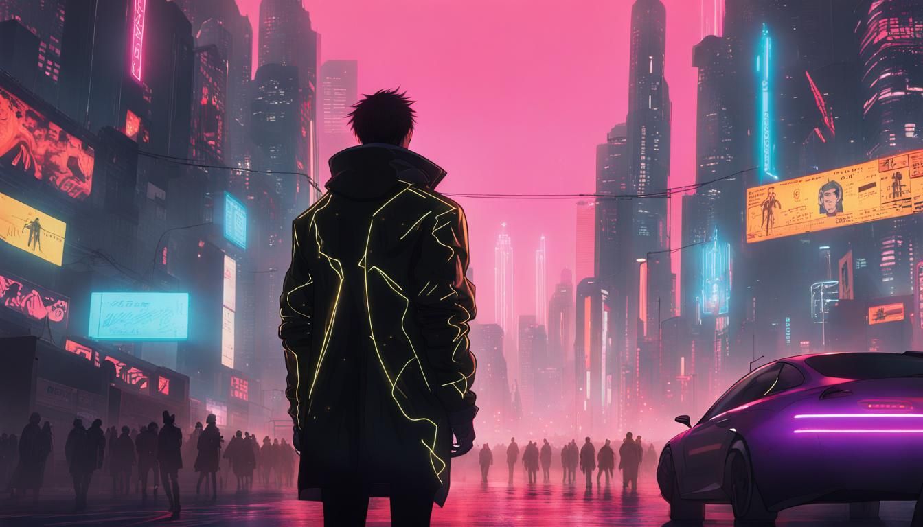 Cyberpunk Man Gazing at Dystopian Cityscape