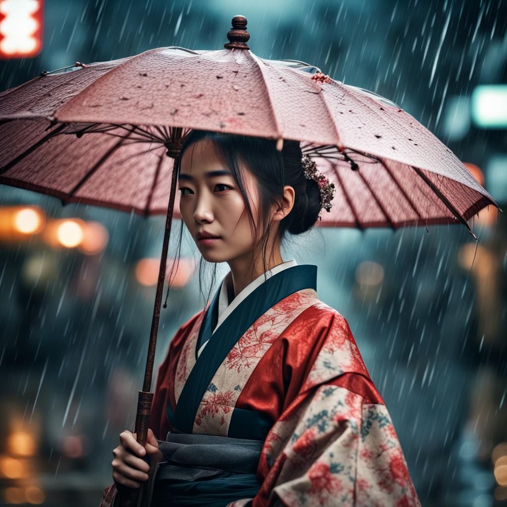 Japanese Woman in the Rain: Digital Matte Painting