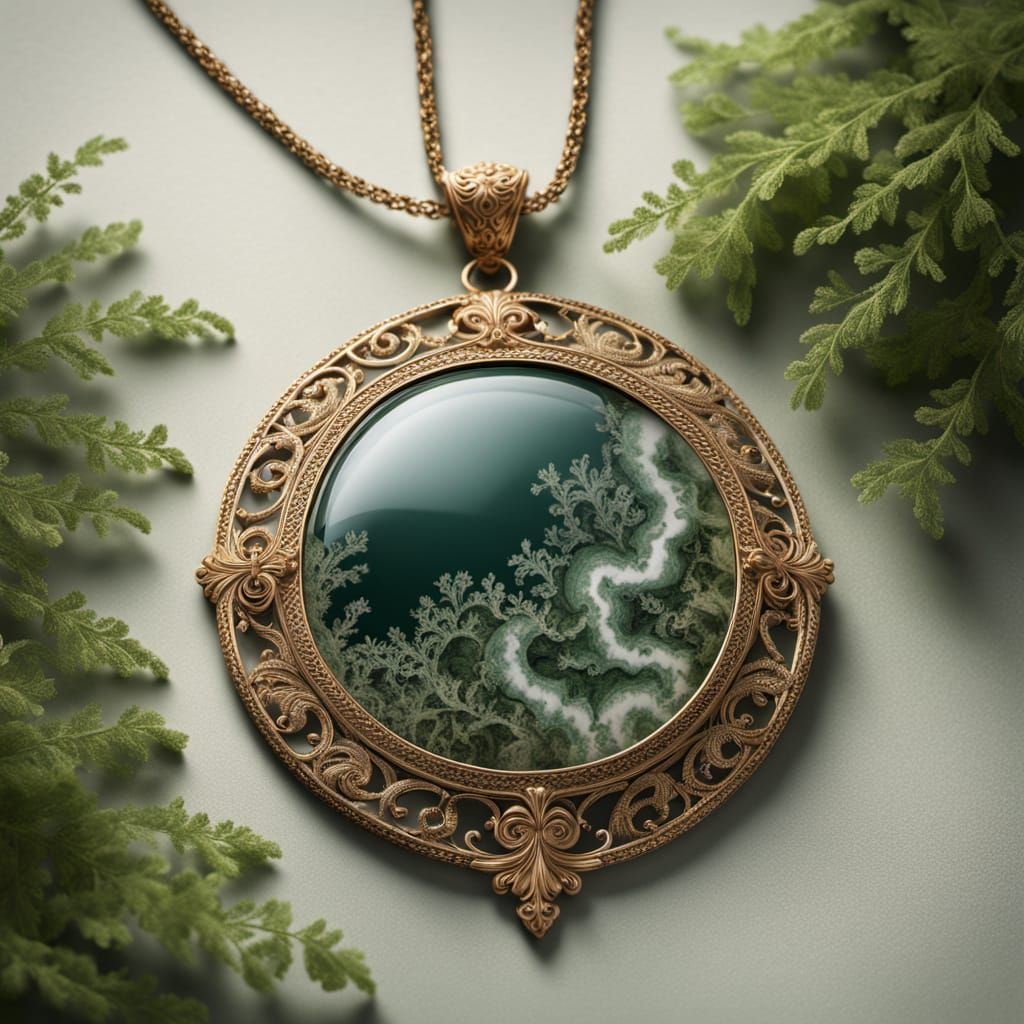 Ethereal Moss Agate Pendant in Opulent Digital Art