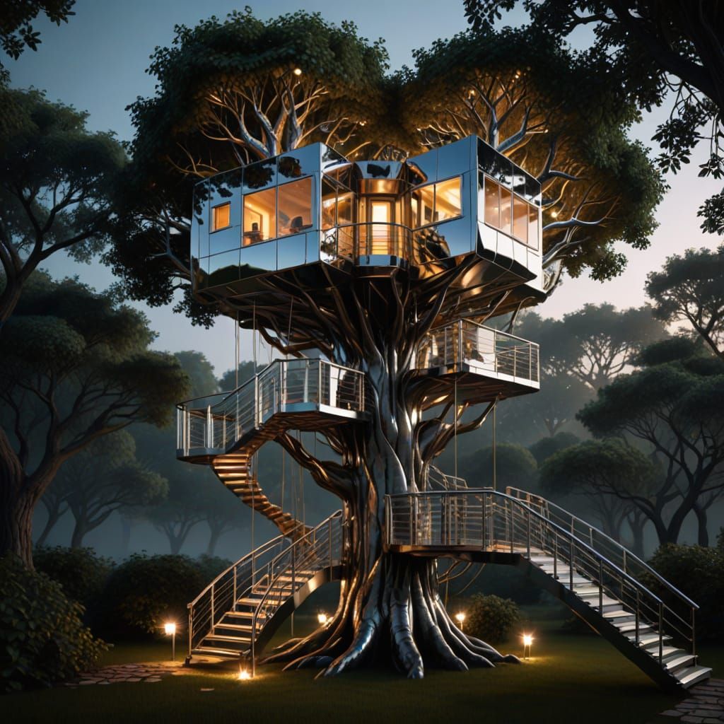 Realistic Chrome Treehouse in Cinematic Lighting