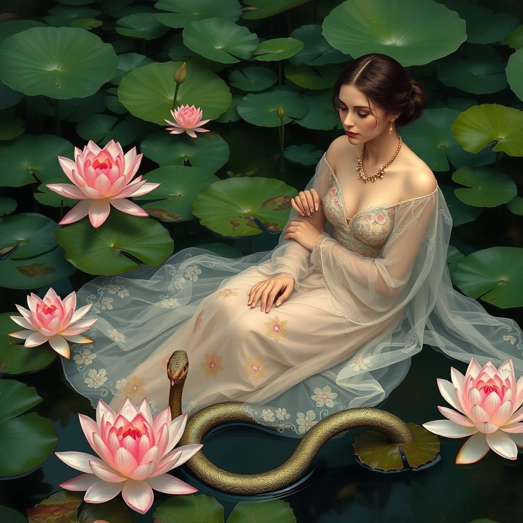 Ethereal Woman in a Verdant Pond with a Majestic Sea Snake