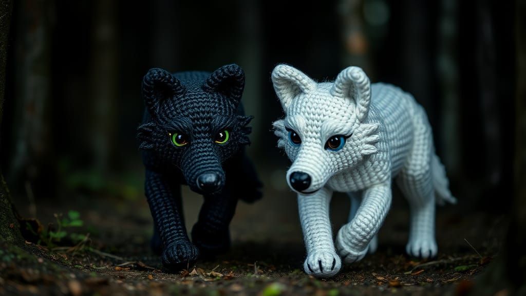Hyperrealistic Crocheted Wolves in Dark Forest