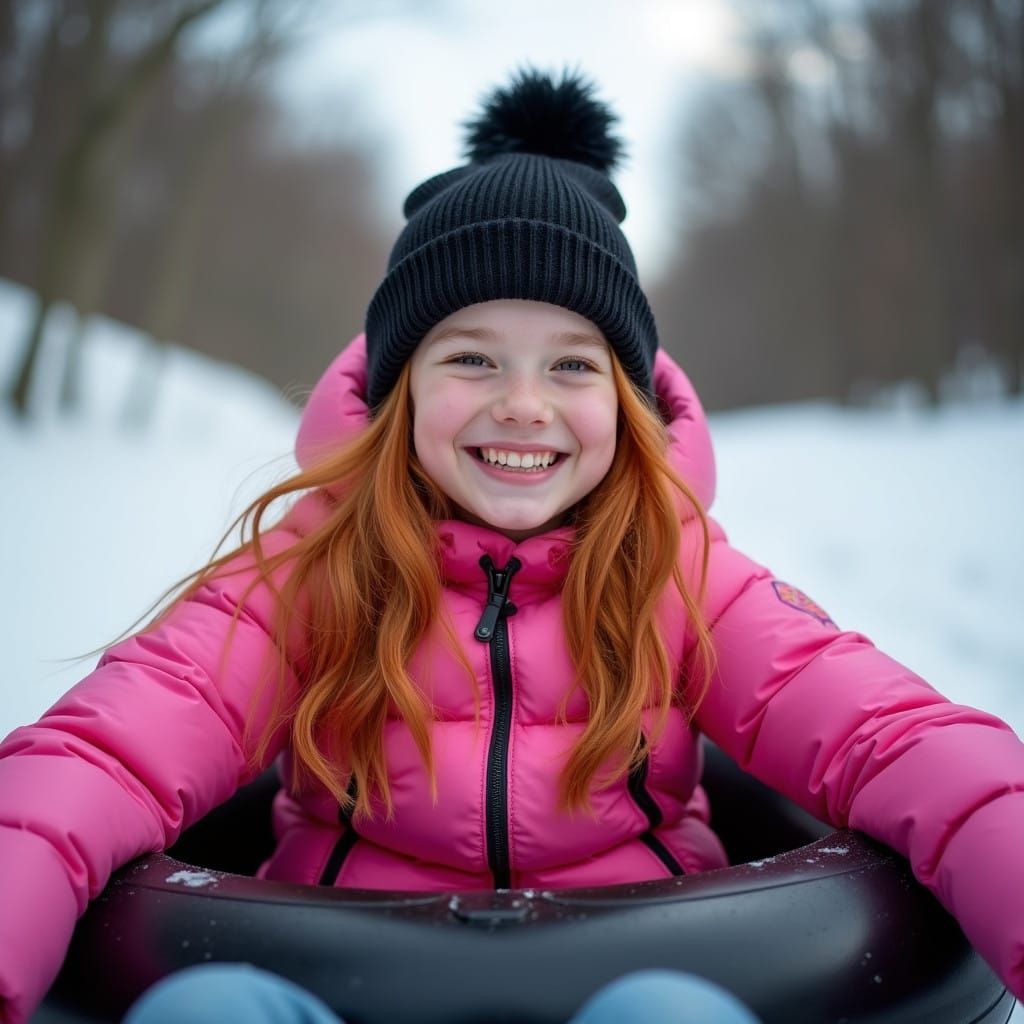 Joyful Redhead Speeds Down Snowy Hill in Puffer Coat and Bea...