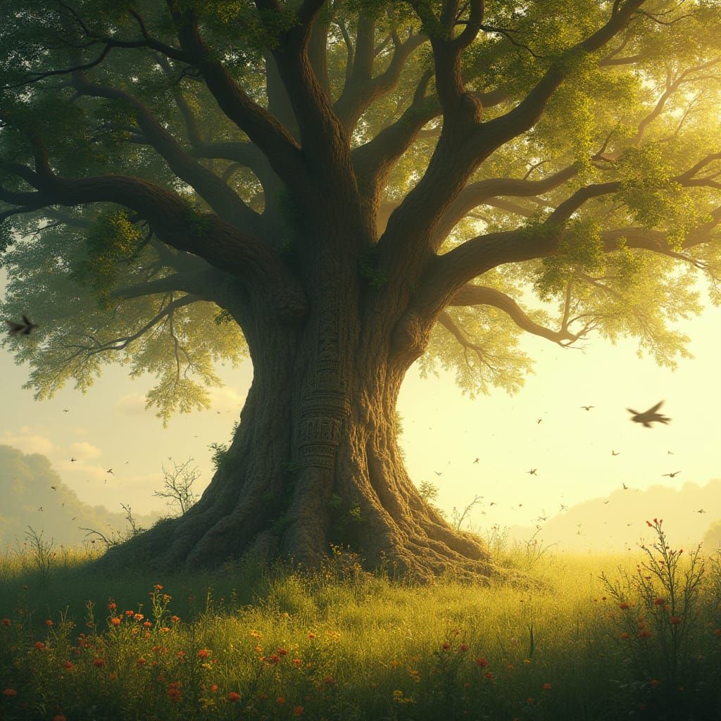 Ethereal Tree of Ancient Mythology in a Golden Meadow