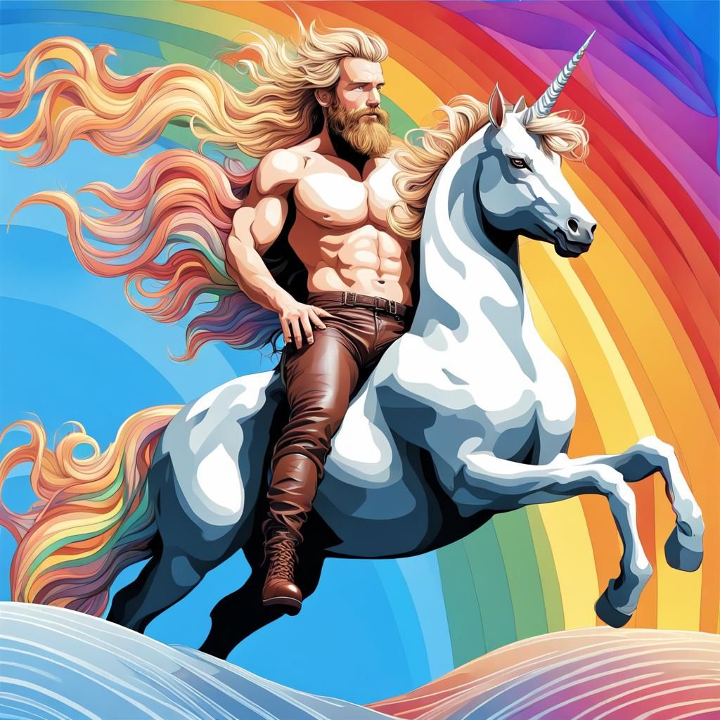 Hyperrealistic Man Rides Unicorn on Rainbow Sky