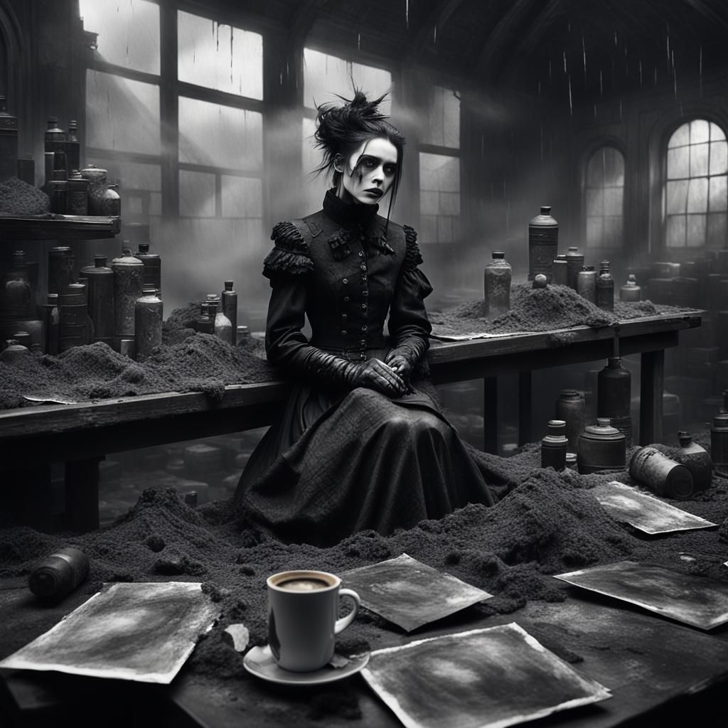 Goth Model in Rain, Oil and Charcoal Style