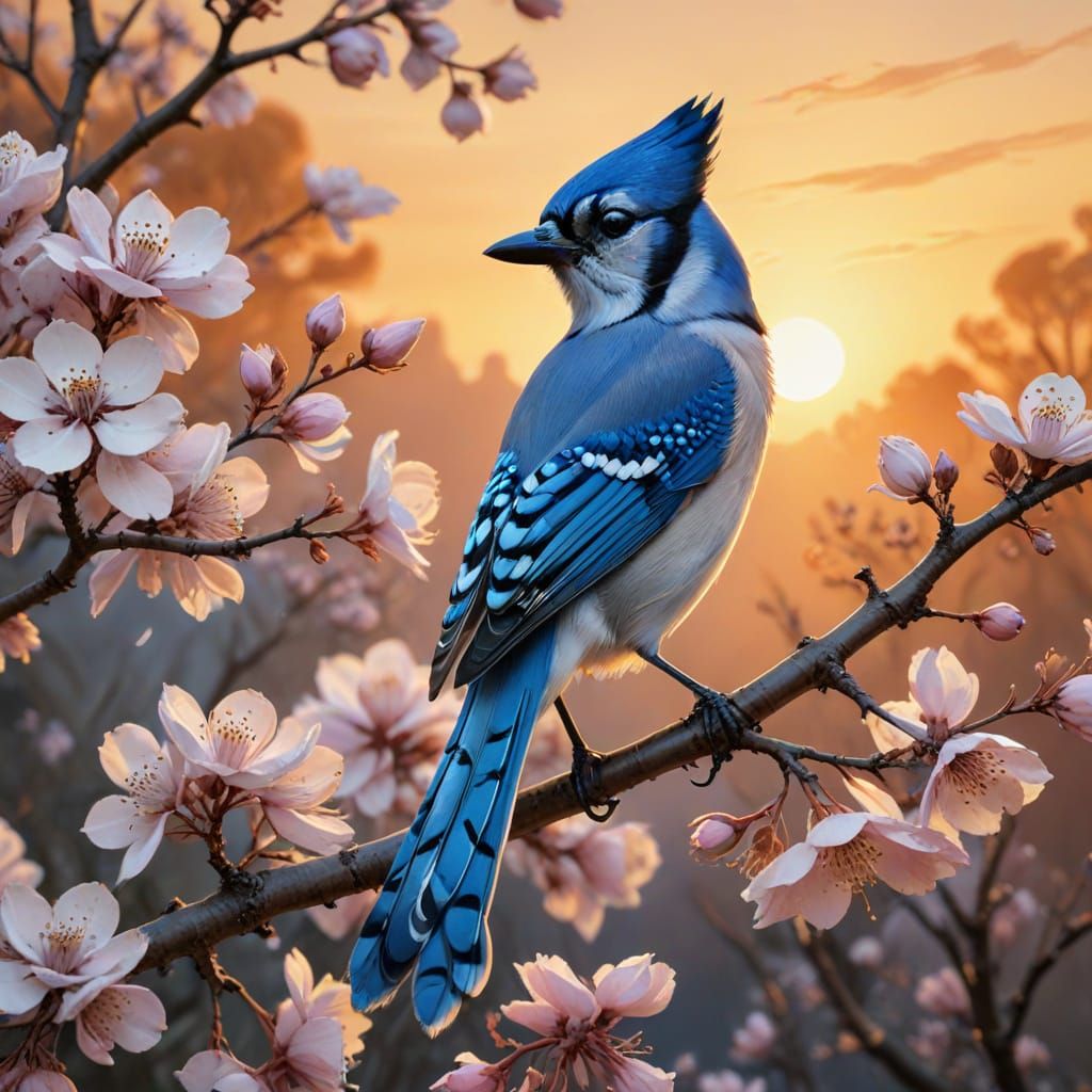 Bluejay on Blossoms at Sunset: Watercolor Painting