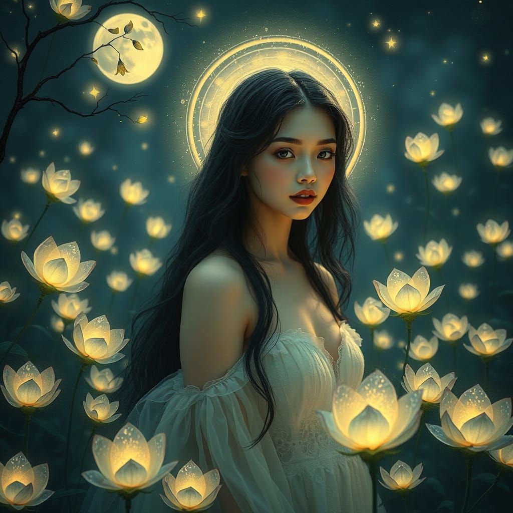 Dreamy Woman in a Whimsical Nocturnal Garden