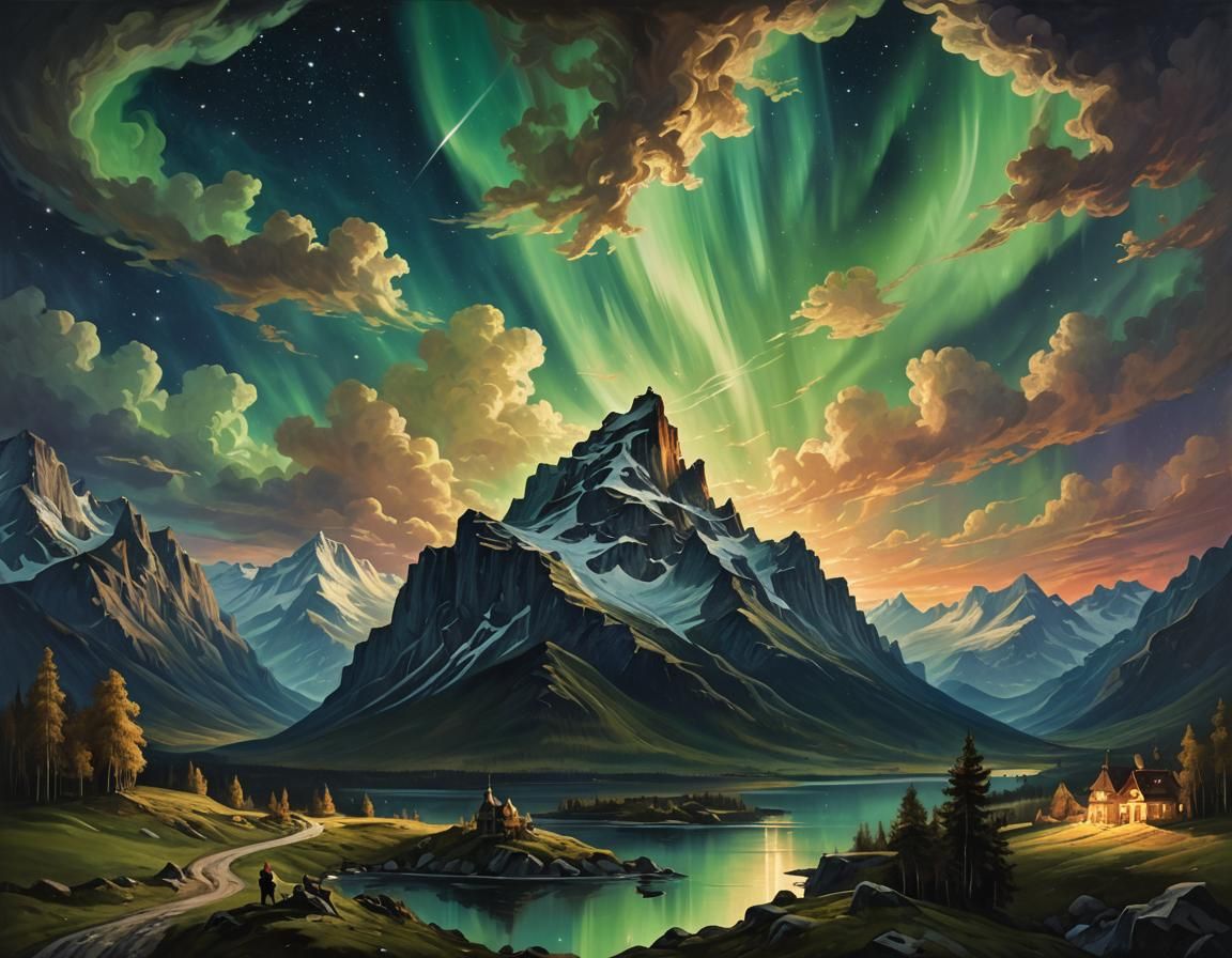 Aurora Borealis Over Mountains in Baroque Style