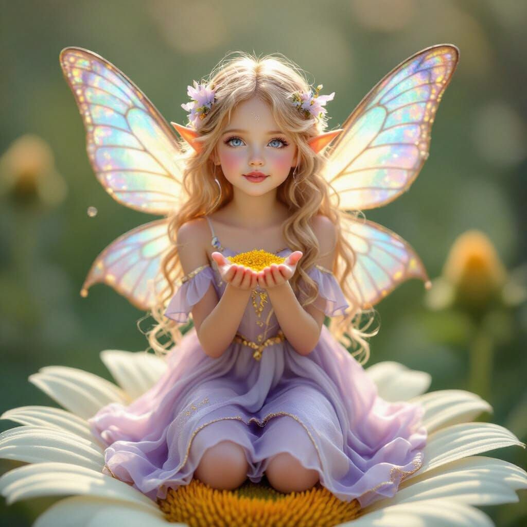 Flower Fairy With Iridescent Wings and Nectar Bowl