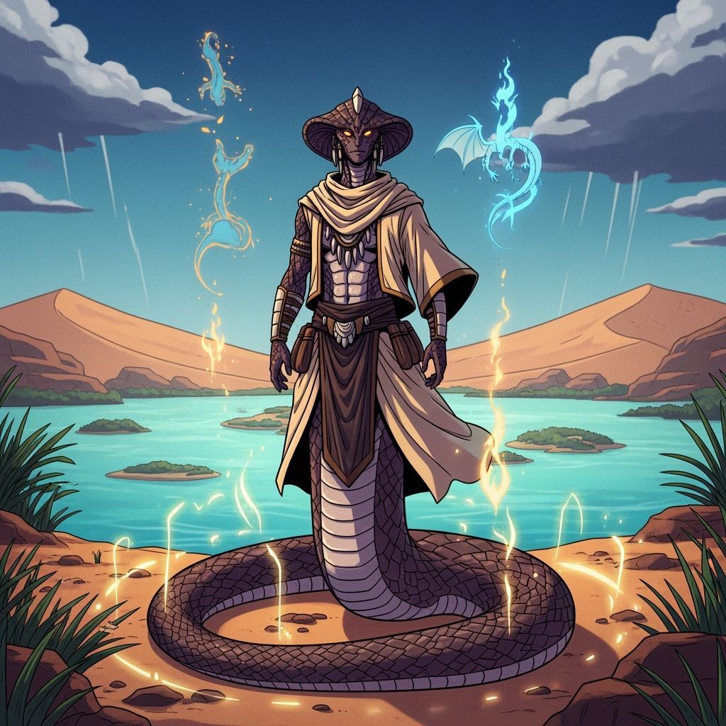 Serene Desert Oasis with Snakefolk Warrior