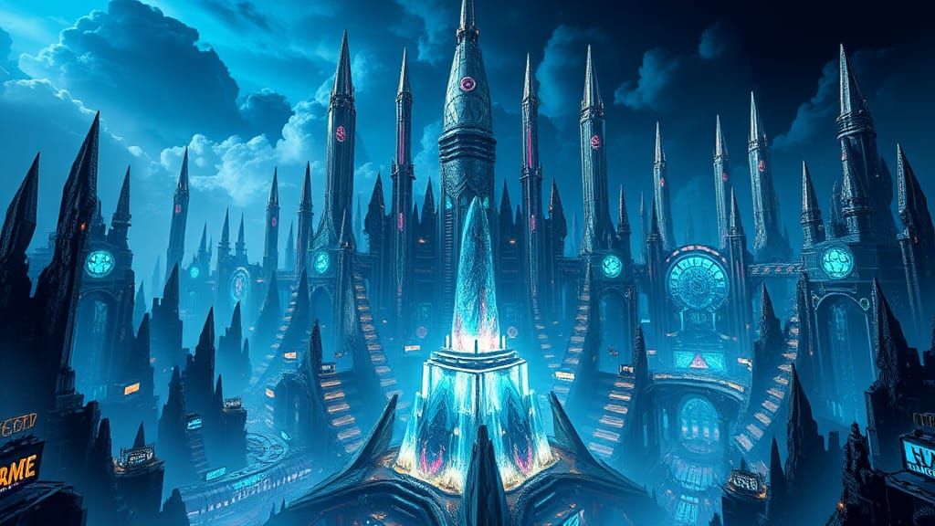 Futuristic Metropolis: Iridescent Spires in Electric Blue Sk...