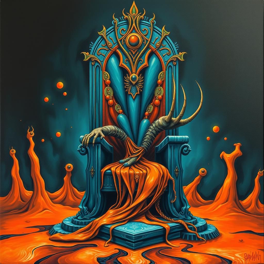 Dystopian Art Deco Throne in Teal and Orange