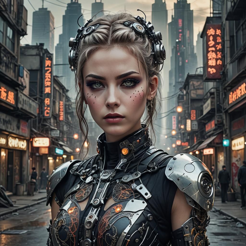 Grunge Cyborg in Futuristic City: Fantasy Art