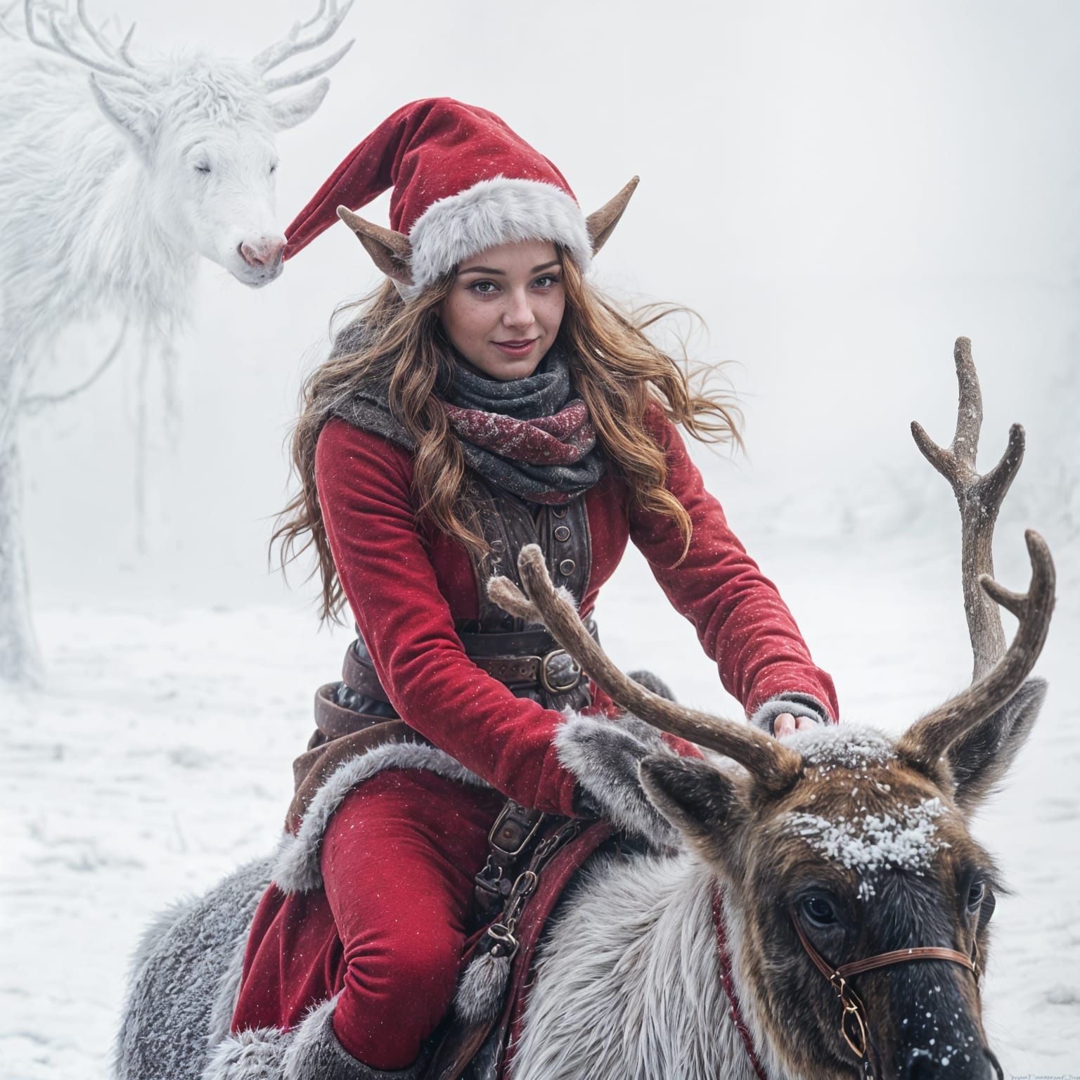 Hyperrealistic Elf Riding a Reindeer in a Frosty Winter Scen...