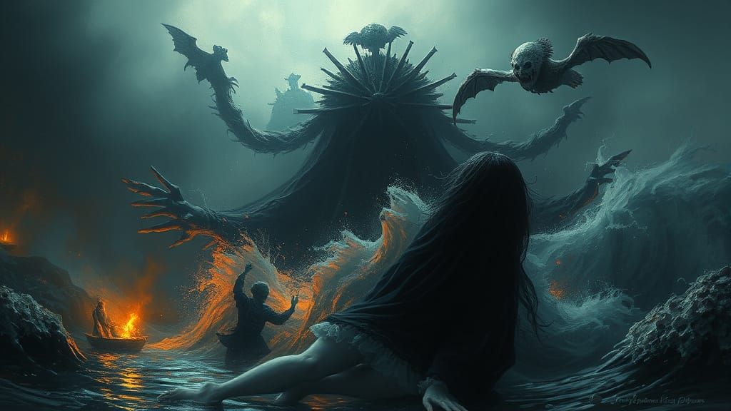 Horrific Depths Beneath Clown Waves in Engraving Style