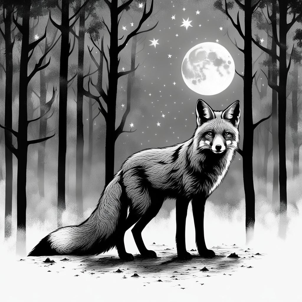 Fox in Misty Forest Under Moonlight