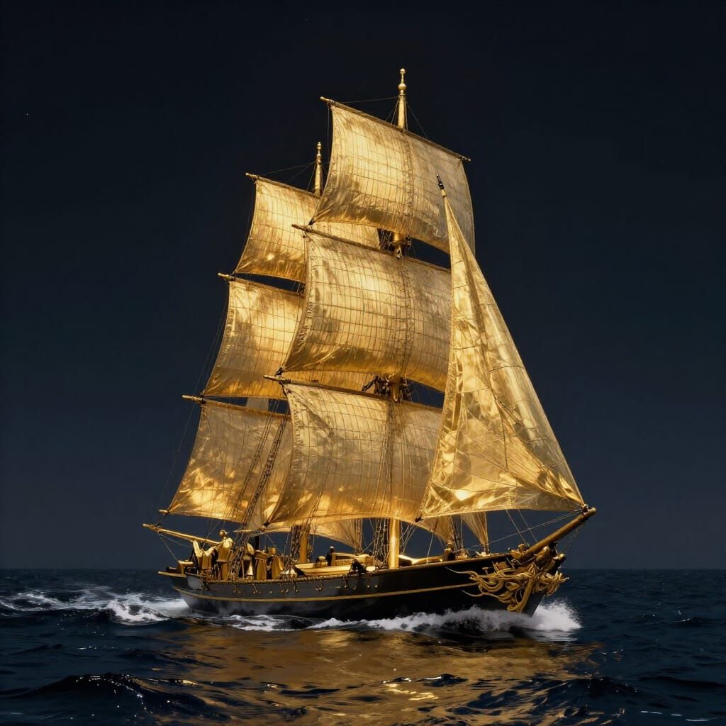 Golden Ship Sailing Towards a Radiant Sunset Horizon