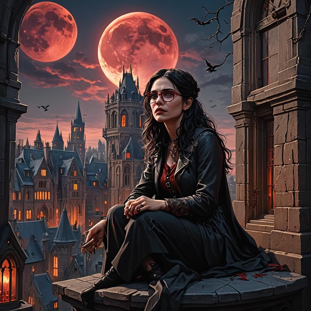 Gothic Girl in Tower with Blood Moon
