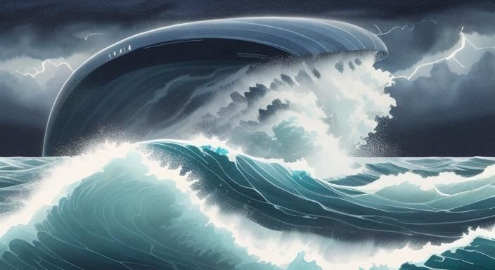 a face in the clouds in the sky blowing on a tiny boat in the sea in a dark stormy night with lightning and heavy rain, ...