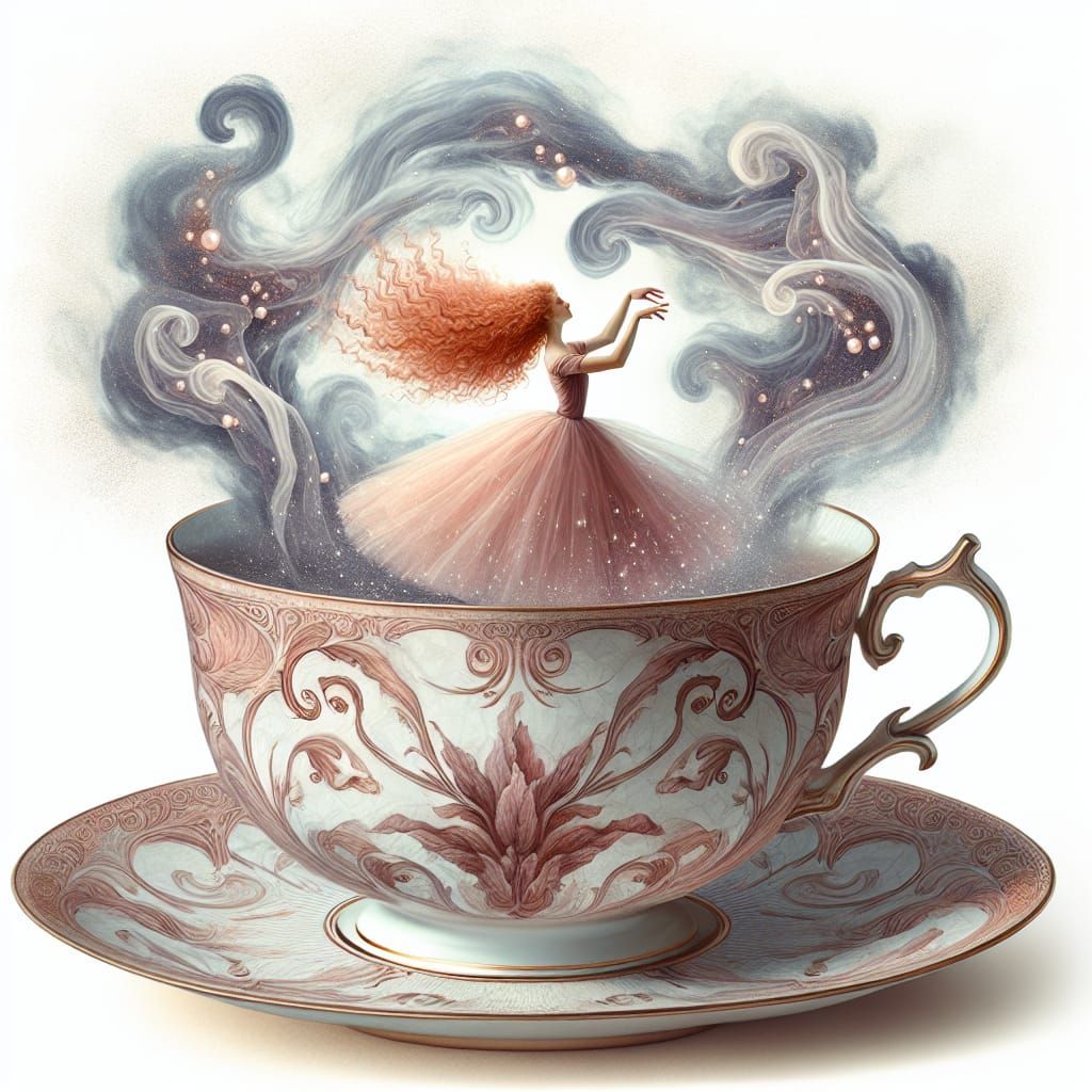 Ballerina Dances in Teacup: Pre-Raphaelite Style