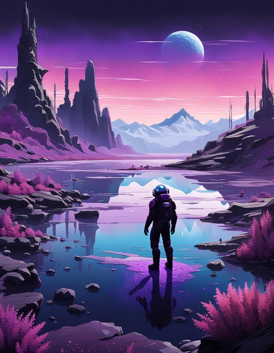 Surreal Sci-Fi Landscape with Iridescent Lake