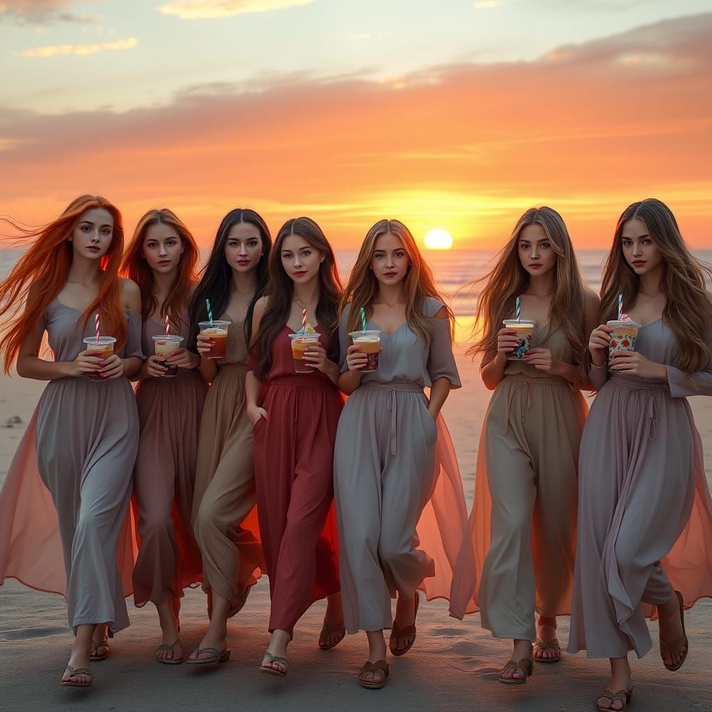Girls on a Serene Beach at Sunset