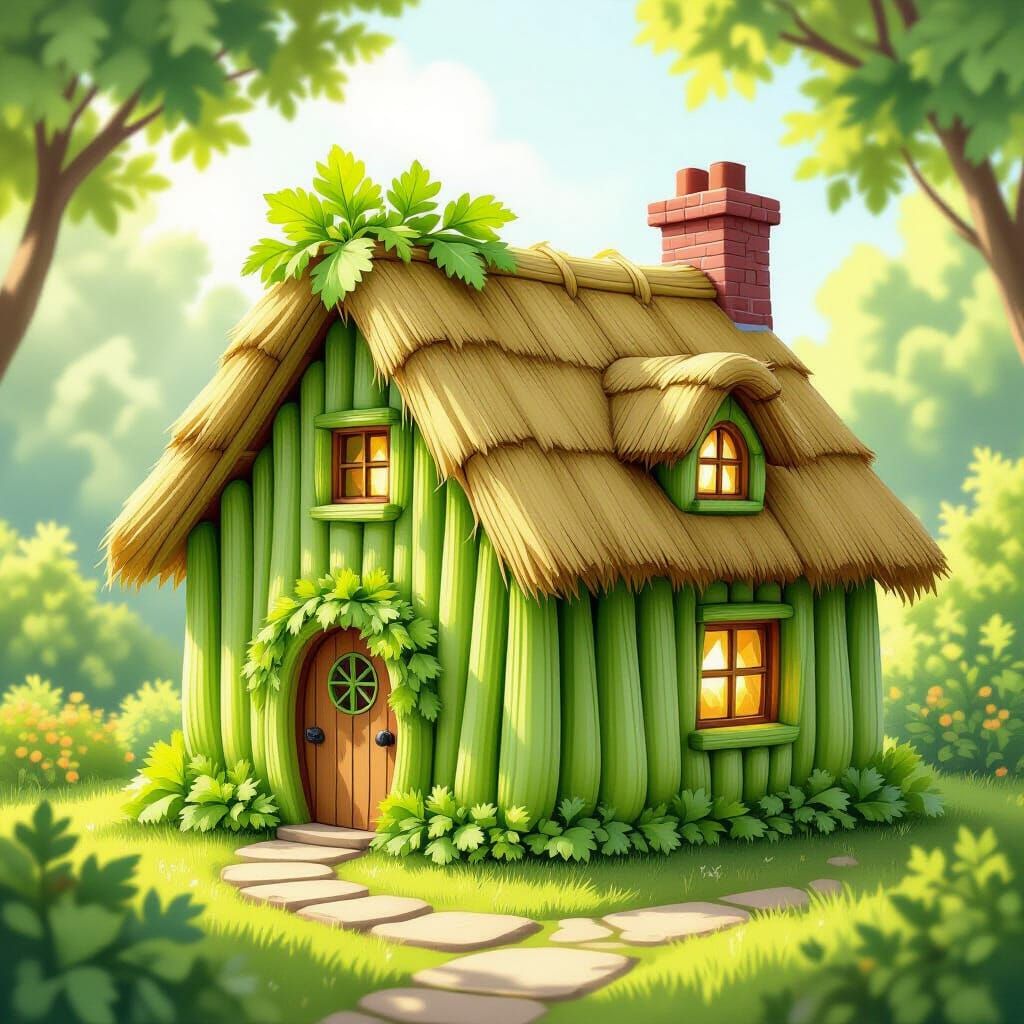 Whimsical Celery Cottage Storybook Illustration