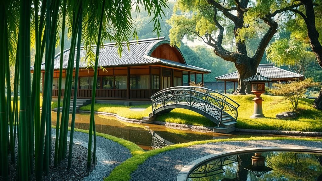 Japanese House in Bamboo Grove with Pond and Garden