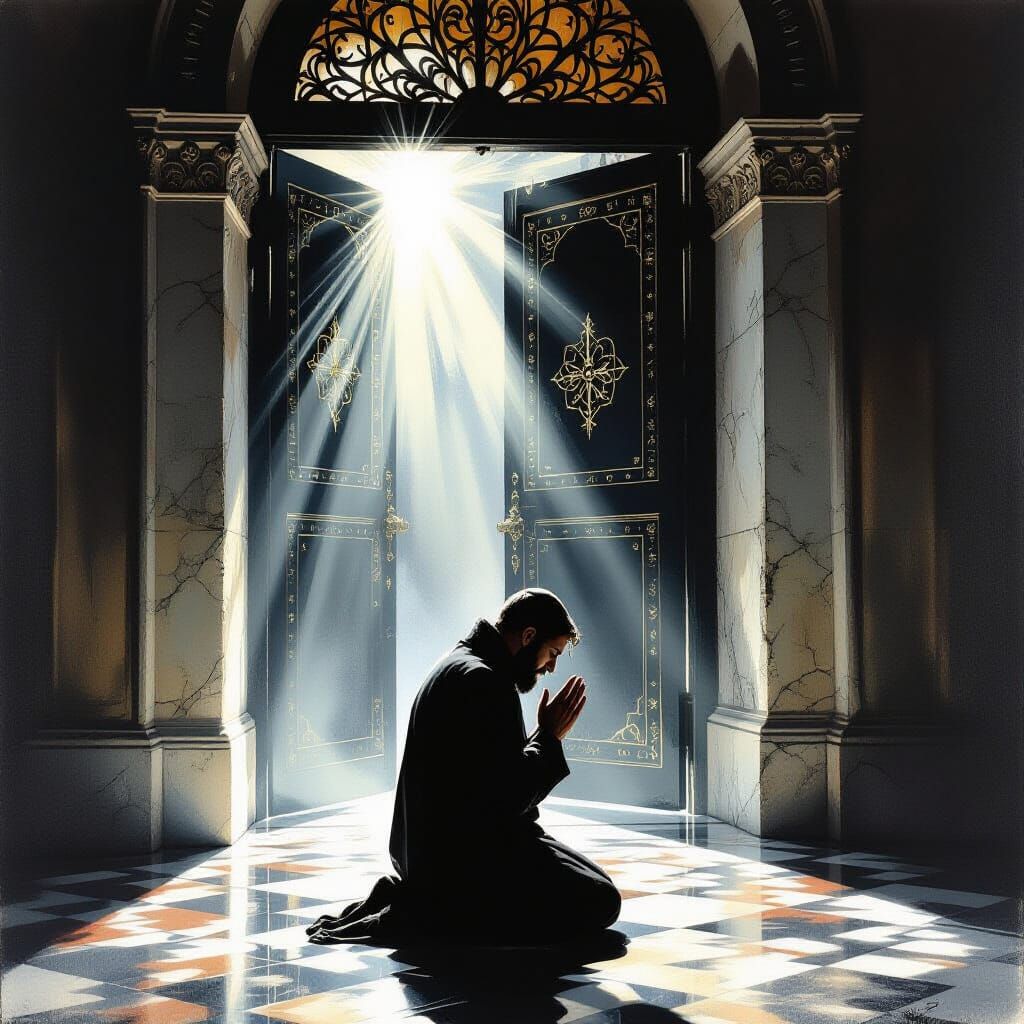 Baroque Prayer Scene: Man Kneels in Anguish Outside Synagogu...