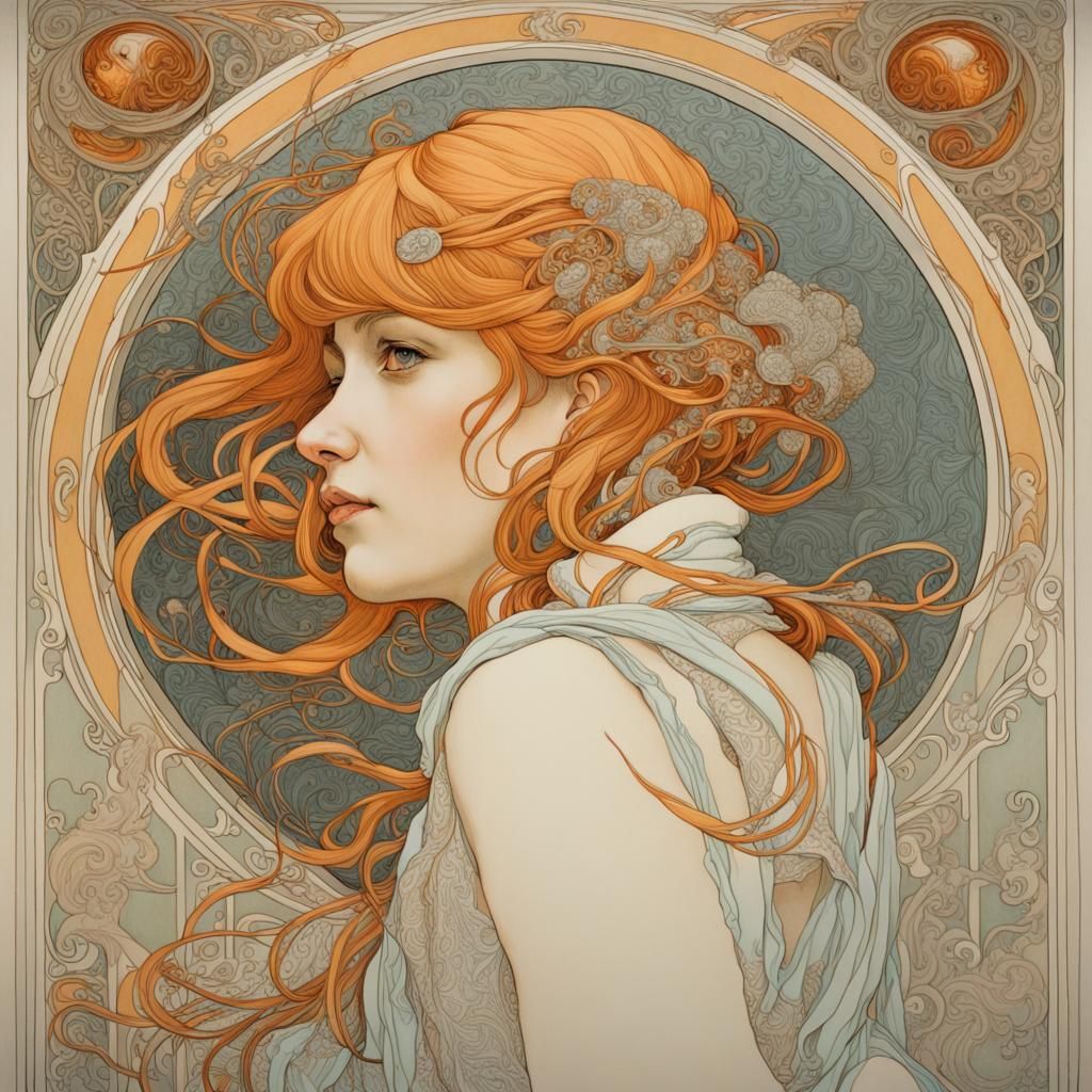 Art Nouveau Goldfish Portrait in Ink and Oil