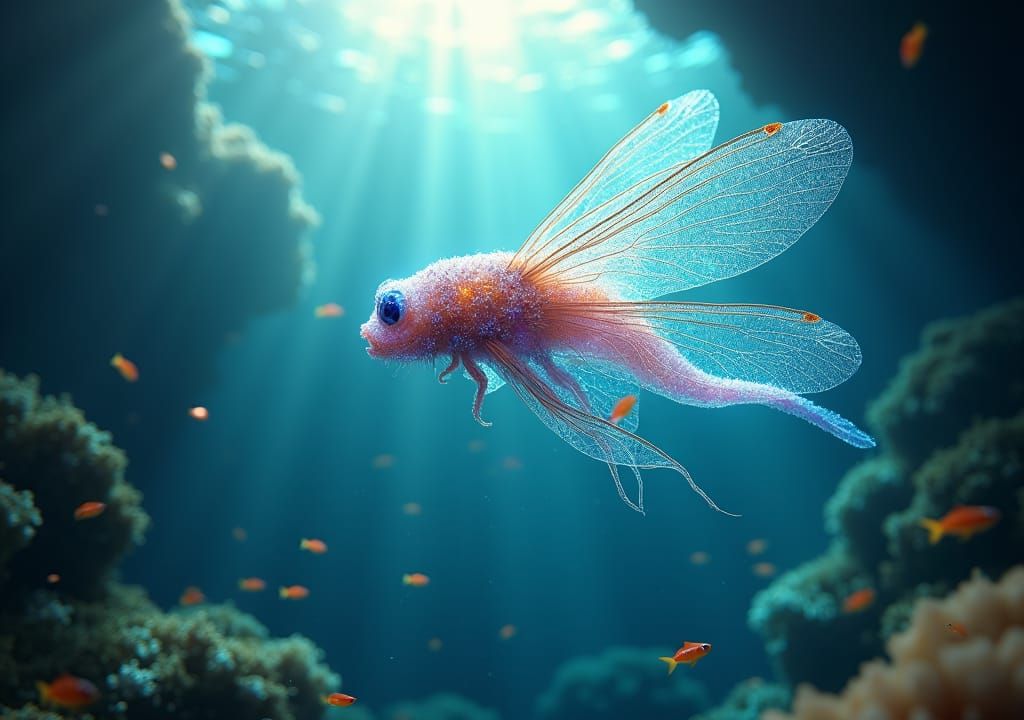 Iridescent Underwater Creature in Crystalline Cavern