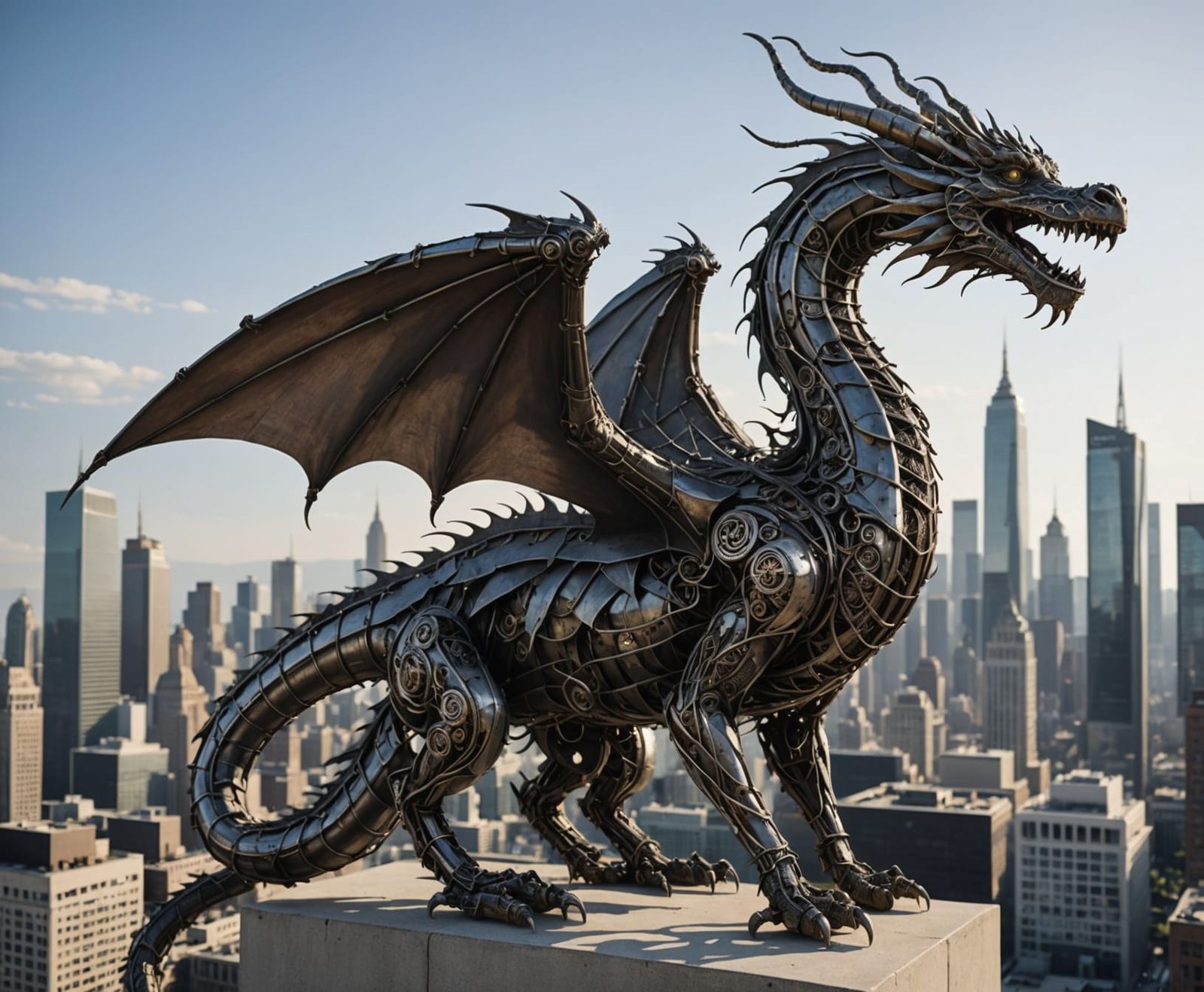 Wire Dragon Sculpture on Cityscape in Steampunk Style