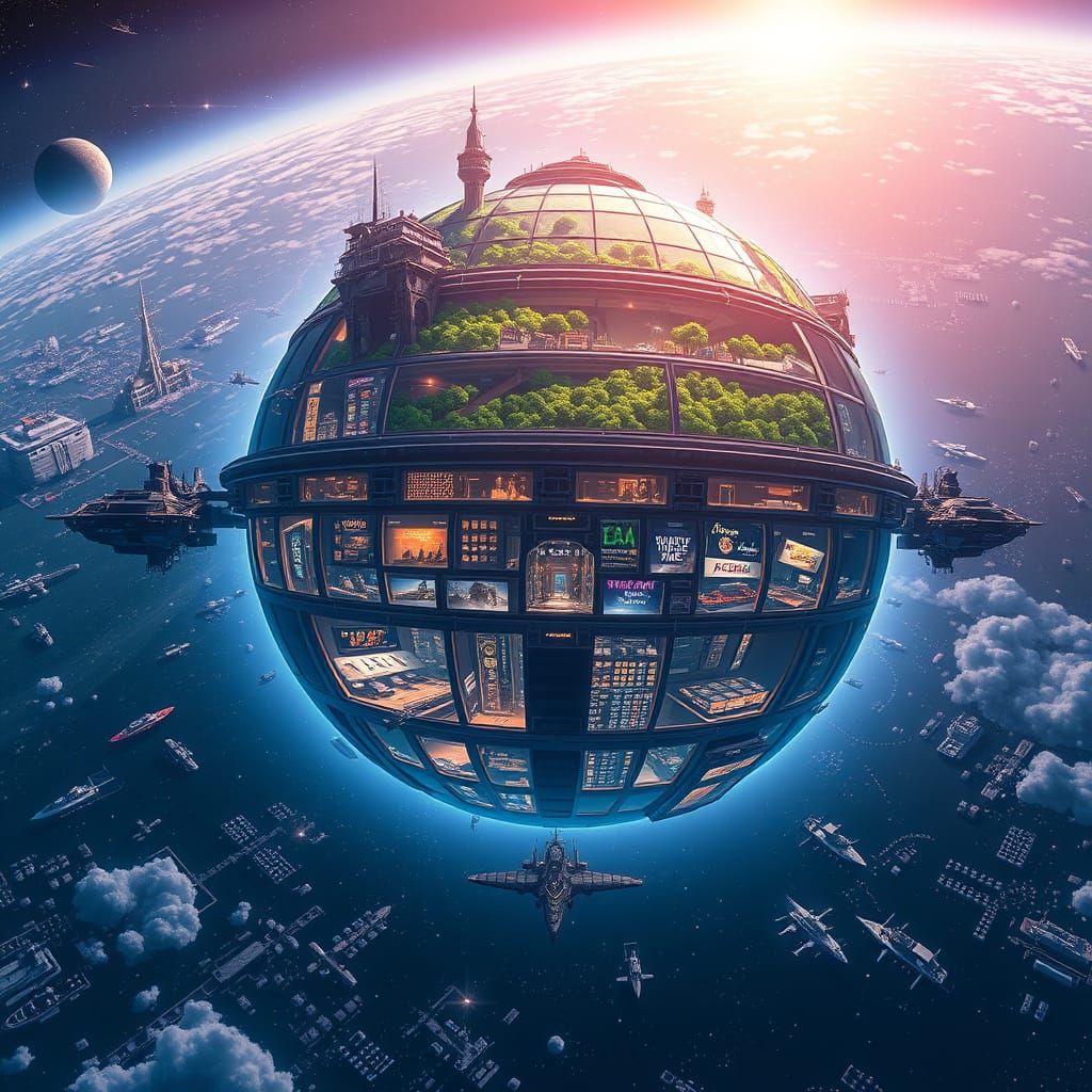 Spherical Space Station in Vibrant Anime JRPG Style