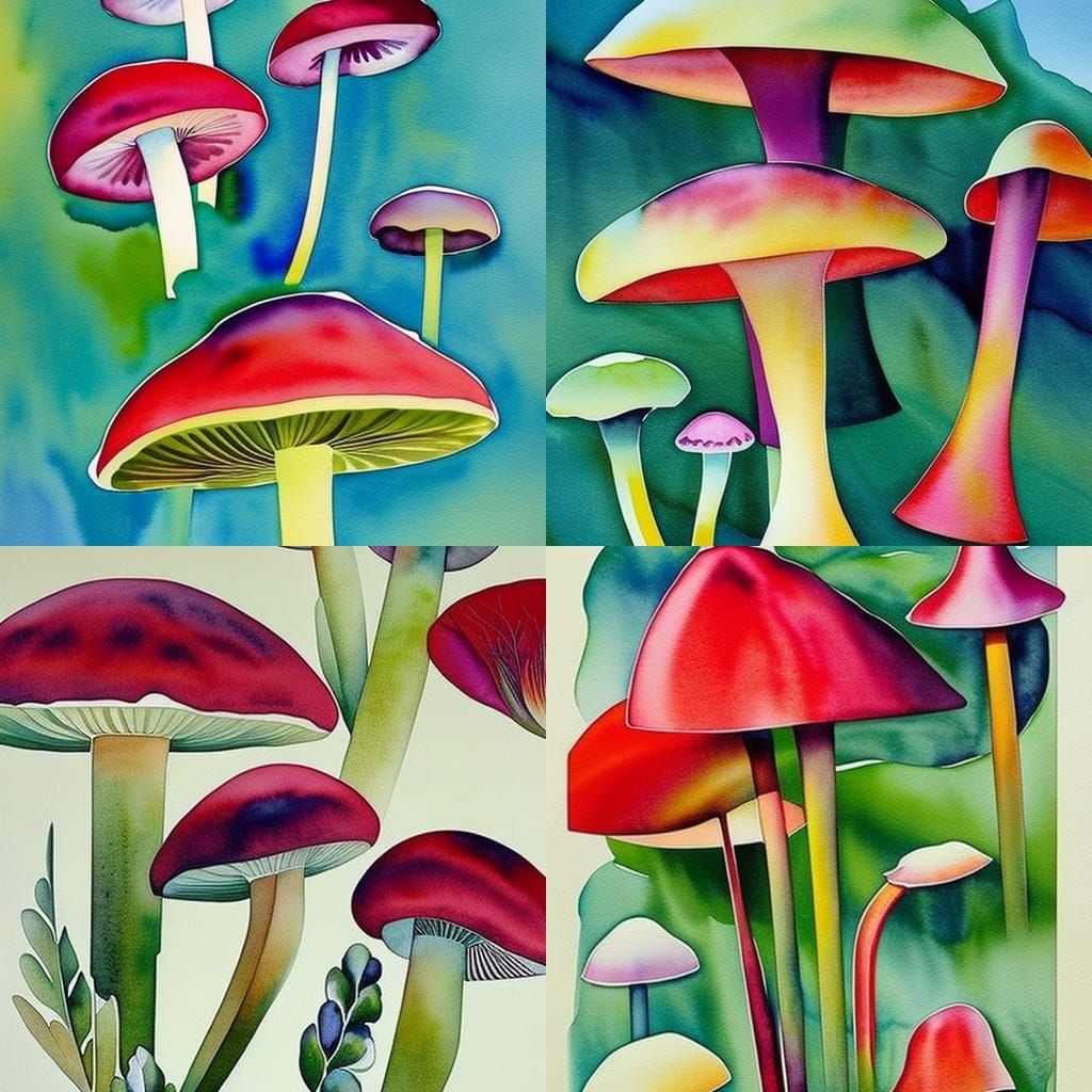 Art Deco Watercolor Mushroom Painting
