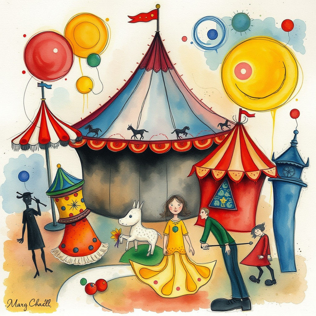 Whimsical Circus Scene in Surrealist Watercolor Style