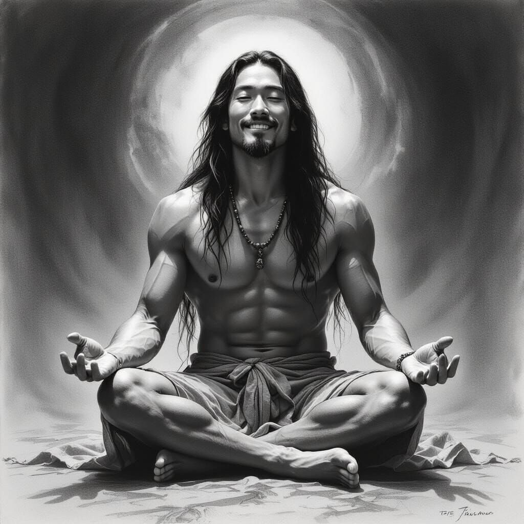 Mystical Black and White Drawing of Serene Philosopher