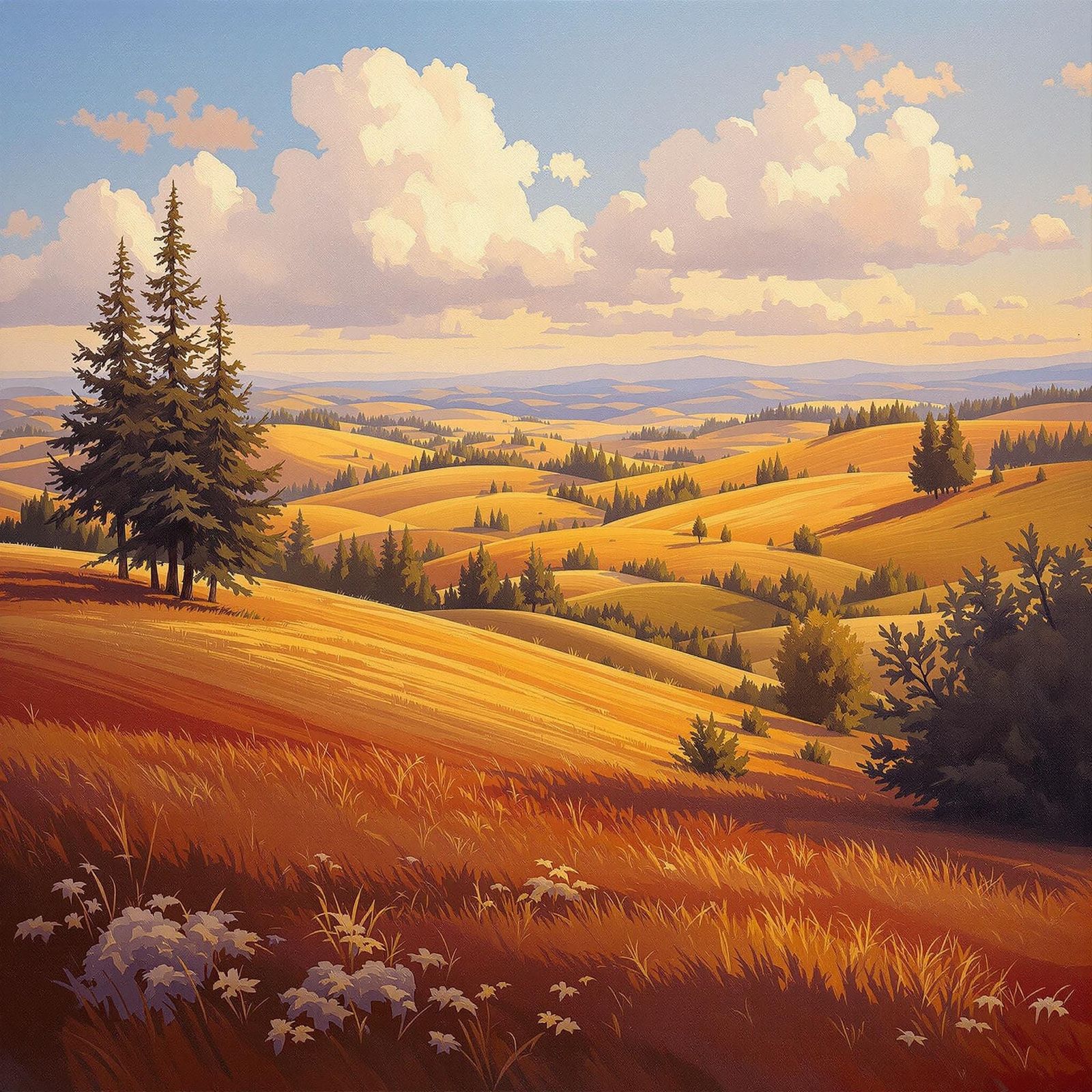Serene Cherry Wood Landscape in Oil Painting Style