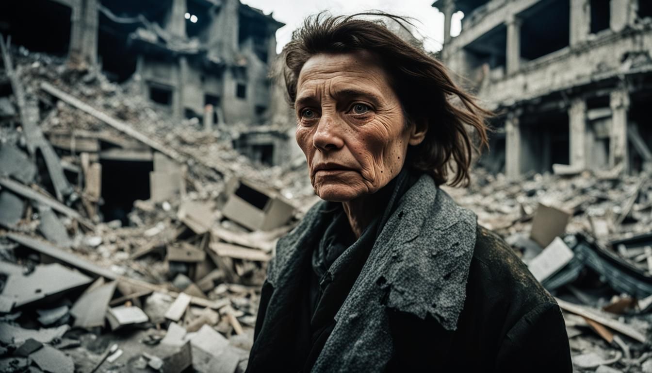 Woman Amidst Ruins of Sarajevo, Street Photography